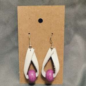 White Leather Earrings with Purple Marbled Beads