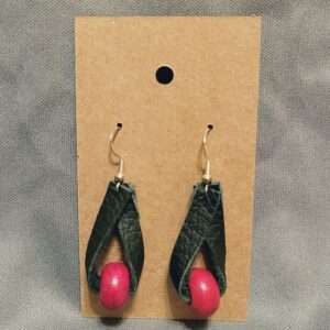 Black Leather Earrings with Red Marbled Beads