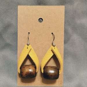 Yellow Leather Earrings with Wood Beads