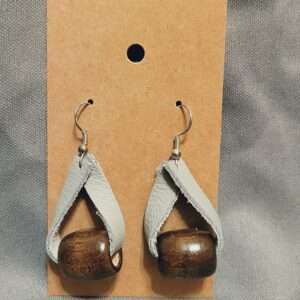 Gray Leather Earrings with Wood Beads