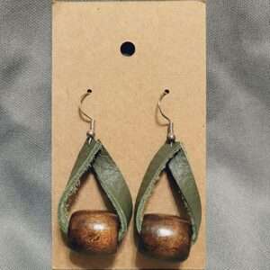 Green Leather Earrings with Wood Beads