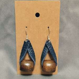 Navy Leather Earrings with Wood Beads