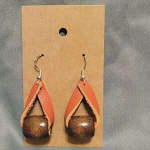 Orange Leather Earrings with Wood Beads