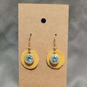 Yellow Leather Earrings with Blue Gems